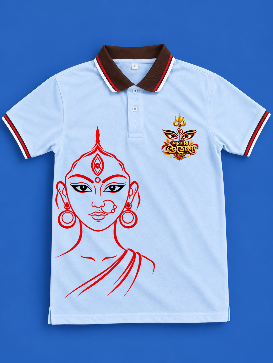dp p 35 dp p 35Durga Line Art and Sharadiya Subhechha Printed sky blue Mesh Polo T-Shirt