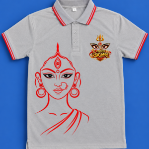 Durga Line Art and Sharadiya Subhechha Printed Grey Mesh Polo T-Shirt