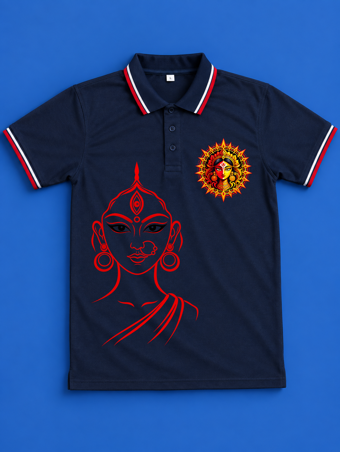 dp p 73 Durga Line Art and Sharadiya Subhechha Printed black Mesh Polo T-Shirt